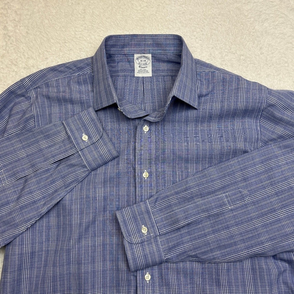Brooks Brothers Shirt Mens 16-34 Blue Glen Plaid Classic Non-Iron Supima Cotton - Picture 1 of 10